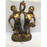 A VINTAGE GILDED RESIN SCULPTURE OF TWO BEAUTIFUL WOMEN ON A PEDESTAL, APPROX 59CM HIGH