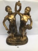 A VINTAGE GILDED RESIN SCULPTURE OF TWO BEAUTIFUL WOMEN ON A PEDESTAL, APPROX 59CM HIGH