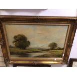 A LARGE FRAMED OIL ON CANVAS IN A GILDED FRAME SIGNED MILLAR, (RIVER COUNTRYSIDE SCENE) 95 X 70CM
