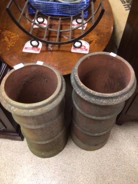 TWO VINTAGE TERRACOTTA CHIMNEY POTS 63CM