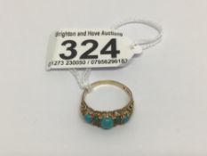 A HM 9CT GOLD AND TURQUOISE RING, TWO STONES MISSING