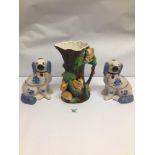 A PAIR OF BLUE AND WHITE STAFFORDSHIRE DOGS TOGETHER WITH A LARGE HANDLED VASE MARKED HORNSEA