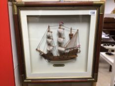 A VINTAGE FRAMED AND GLAZED DISPLAY MODEL SHIP OF THE 'GOLDEN HIND' APPROX 54 X 54CM