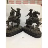 TWO LARGE SPELTER FIGURES ON HORSES WITH ANIMALS A/F 46CM