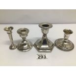 THREE SINGLE CANDLESTICKS, ONE A/F, AND TRUMPET POSEY VASE, ALL HM SILVER
