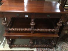 TWO WOODEN COFFEE TABLES WITH BARLEY TWIST SUPPORTS AND TWO DRAWERS