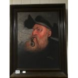 A FRAMED OIL ON CANVAS OF A FISHERMAN SMOKING A PIPE SIGNED SERGIO ROJAS 67 X 52CM