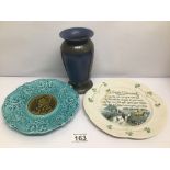 THREE VINTAGE PIECES OF CERAMIC WARE, A PEWTER VASE, A BELLEEK PLATE AND A MAJOLICA CAMEO DESIGN