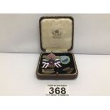 MIXED VINTAGE ENAMEL BADGES WITH VINTAGE LEATHER JEWELLERY BOX