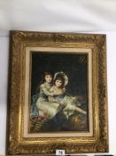 A FRAMED OIL ON BOARD OF TWO YOUNG GIRLS SEATED IN AN ORNATE GILT FRAME 60CM X 50CM