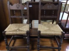 TWO SMALL 19TH CENTURY CARVED RUSH SEATS/CHAIRS 80CM