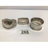 THREE NAPKIN RINGS, ONE STAMPED 925, ONE BEARING FRENCH MINERVA MARK, THE LAST SILVER PLATED BY