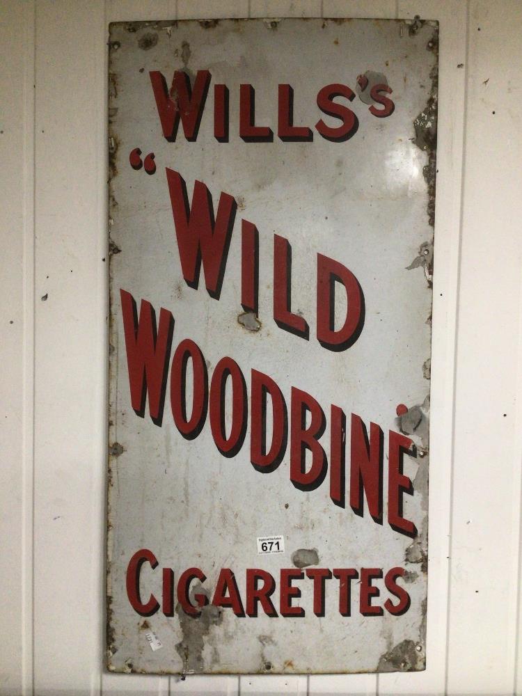 A VINTAGE ENAMEL ADVERTISING SIGN WILLS WILD WOODBINE CIGARETTES 46 X 92CM