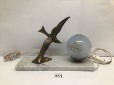 AN ART DECO LAMP ON MARBLE BASE WITH A METAL FLYING BIRD