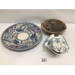 THREE VINTAGE PORCELAIN AND CERAMIC WARE DECORATED WITH ANIMALS AND FLOWERS, INCLUDING WADE, POOLE