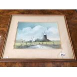 A FRAMED AND GLAZED OIL ON BOARD INDISTINCTLY SIGNED OF LOCAL SCENE 'THE JACK AND JILL WINDMILLS' 59