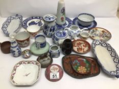 A QUANTITY OF MAINLY VINTAGE BLUE AND WHITE PORCELAIN WARE WITH SOME INCLUDING CHINESE CHARACTERS TO