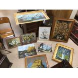 NINE PICTURES AND PRINTS SOME FRAMED AND GLAZED INCLUDES SHIPS MIRROR