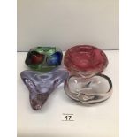 A SET OF FOUR GLASS PAPERWEIGHTS UNMARKED BIGGEST 16CM