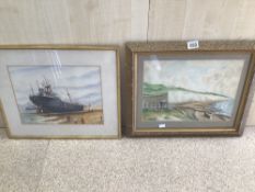 TWO FRAMED AND GLAZED WATERCOLOURS OF LOCAL SCENES LARGEST 53 X 44CM