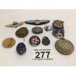 MIXED BADGES INCLUDES ENAMEL, NAPOLEAN BADGE, ISLE OF MAN BADGE, BOAC, RAF RING AND MORE