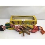 A PAIR OF VINTAGE PELHAM PUPPETS WITH A BOX, LARGEST APPROX 29CM