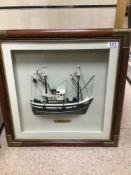 A VINTAGE FRAMED AND GLAZED DISPLAY MODEL SHIP OF A 'TRAWLER' APPROX 54 X 54CM
