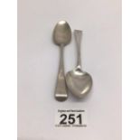 TWO HALLMARKED STERLING SILVER DESSERT SPOONS BOTH MARKED LONDON DATED 1799 ( SOLOMON HOUGHAN) AND