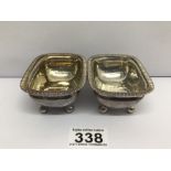 A PAIR OF HM SILVER GEORGIAN SALTS, LONDON 1813 GILT INTERIORS, ONE DENTED FOOT