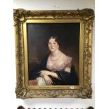 AN EARLY OIL ON CANVAS IN A LARGE ORNATE GILDED FRAME OF A SEATED LADY MARY WOOWOOD 1786 UNSIGNED