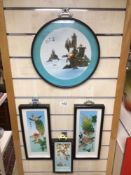 FOUR VINTAGE FRAMED AND GLAZED ORIENTAL SHADOW BOX 3D WALL ART WITH MOTHER OF PERAL AND ABALONE,