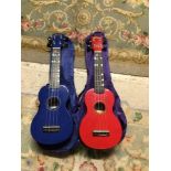 TWO MAHALU UKULELE, BLUE, AND RED WITH PURPLE COVER