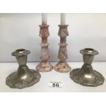 TWO PAIRS OF CANDLE STICKS (SILVER PLATED AND PINK MARBLE TAPER)