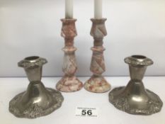TWO PAIRS OF CANDLE STICKS (SILVER PLATED AND PINK MARBLE TAPER)
