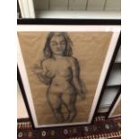 A FRAMED AND GLAZED CHARCOAL DRAWING OF A NUDE LADY APPROX 62CM X 110CM