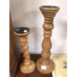 TWO VINTAGE TWISTED WOODEN CANDLE STICKS. TALLEST IS APPROX 45CM