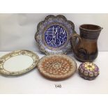 FIVE VINTAGE EASTERN PORCELAIN AND CLOISONNE WARE NORITAKE AND ARABIC MARKS. LARGEST IS APPROX 28CM