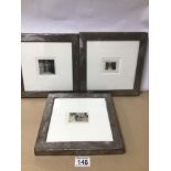 THREE DECORATIVE INDUSTRIAL METAL POLISHED FRAMES GLAZED WITH THREE SMALL ORIGINAL 1920S PHOTOGRAPHS