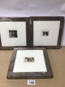 THREE DECORATIVE INDUSTRIAL METAL POLISHED FRAMES GLAZED WITH THREE SMALL ORIGINAL 1920S PHOTOGRAPHS