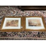 A PAIR OF EARLY VINTAGE FRAMED AND GLAZED WATERCOLOURS WITH GILDED BORDERS OF RIVER SCENES AND