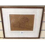 A FRAMED AND GLAZED CRAYON DRAWING OF A TIGER SIGNED 42 X 35CM