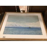 A FRAMED AND GLAZED WATERCOLOUR SIGNED CLEM LAMBERT 'BOATS AT SEA', 69 X 51CM