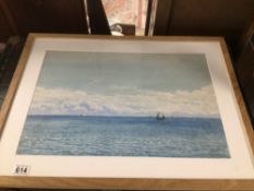 A FRAMED AND GLAZED WATERCOLOUR SIGNED CLEM LAMBERT 'BOATS AT SEA', 69 X 51CM