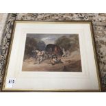 A FRAMED AND GLAZED PENCIL AND WATERCOLOUR OF WAGON AND HORSES, MEN FIGHTING, 47 X 41CM