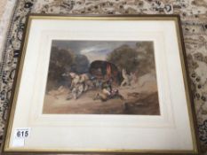 A FRAMED AND GLAZED PENCIL AND WATERCOLOUR OF WAGON AND HORSES, MEN FIGHTING, 47 X 41CM