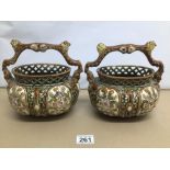 A PAIR OF BASKET MAJOLICA VASES MARKED ALHAMBRIAN 21 X 21CM