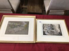 TWO FRAMED AND GLAZED WATERCOLOURS BOTH UNSIGNED 48 X 40CM