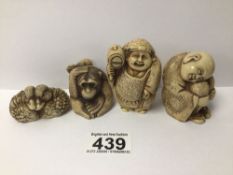 FOUR CARVED RESIN FIGURES DUCKS, MONKEY AND MORE