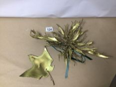 TWO VINTAGE METAL SCULPTURES OF A LEAF AND BRANCHES SIGNED VAT