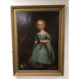 AN UNSIGNED 19TH CENTURY OIL ON CANVAS OF A YOUNG GIRL IN A BLUE DRESS, 130 X 90CM